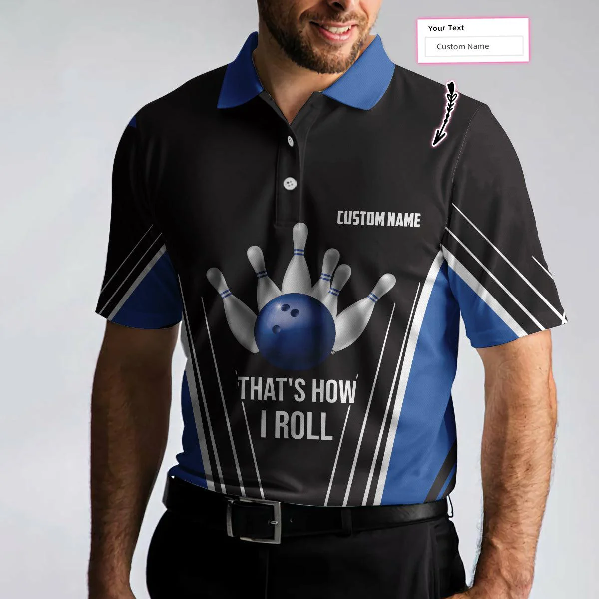 Bowling Men Polo Shirt Custom Name - Ten Pin Bowling Shirt, Black And Blue Bowling Personalized Bowling Polo Shirt - Gift For Friend, Family, Bowling Lovers - Image 3