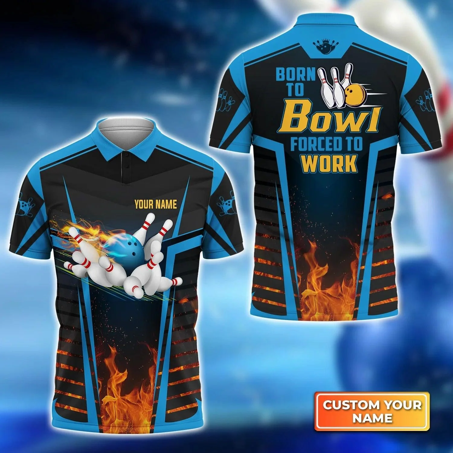 Bowling Men Polo Shirt Custom Name - The Blue Bowling Ball Born To Bowl Forced To Work Personalized Name Polo Shirt For Men, Bowler, Friend, Family
