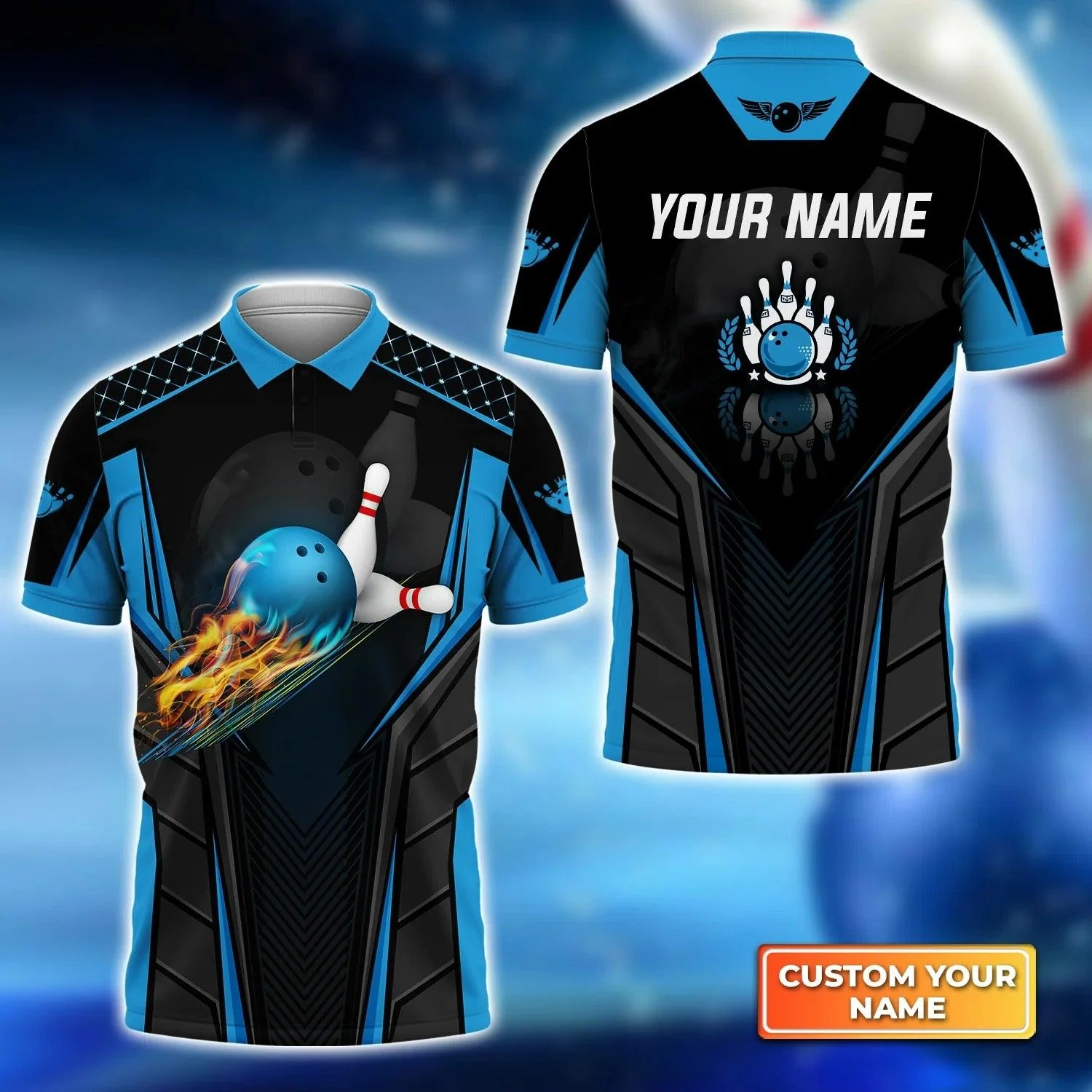Bowling Men Polo Shirt Custom Name - The Blue Bowling Ball in Flames Breaks White Skittles Personalized Name Polo Shirt For Men, Bowler, Friend,Family