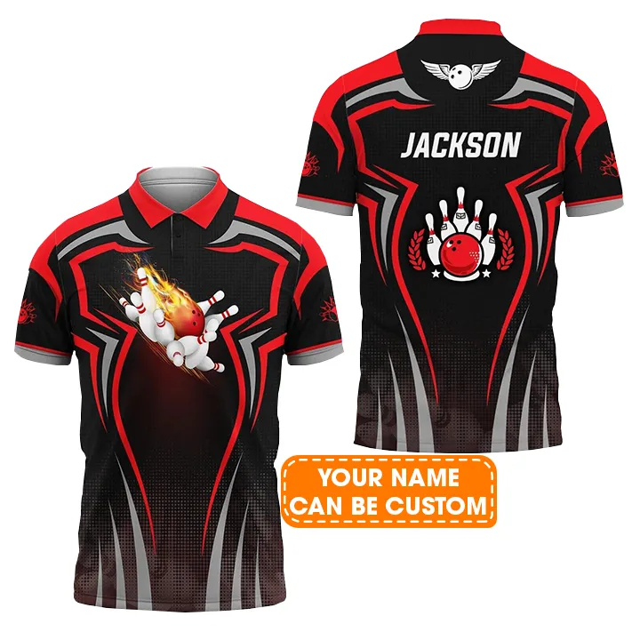 Bowling Men Polo Shirt Custom Name - The Red Bowling Ball Crashing The Pins Personalized Name Polo Shirt For Men, Bowler, Friend, Family - Image 2