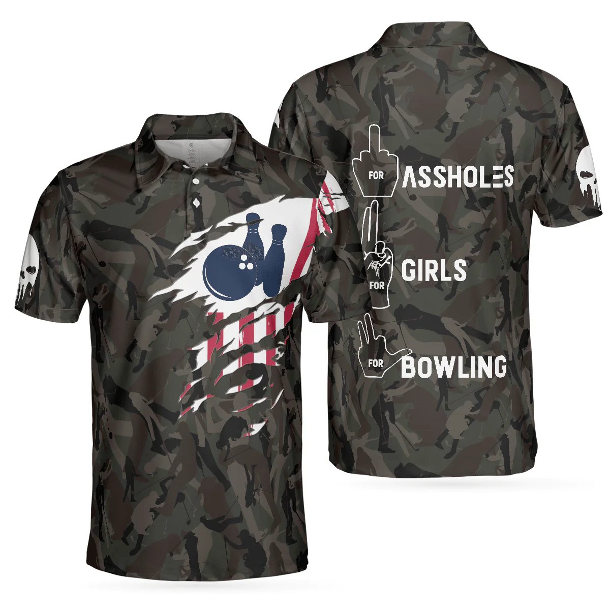 Bowling Men Polo Shirt - Hand Instruction American Flag Camouflage Bowling Polo Shirt - Gift For Friend, Family, Bowling Lovers - Image 2