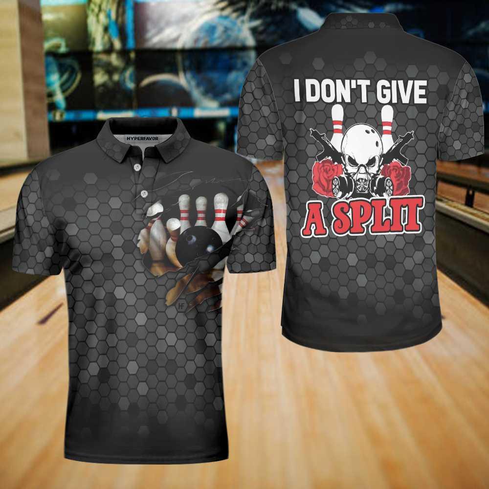 Bowling Men Polo Shirt - I Don't Give A Split Polo Shirt, Black Skull Bowling Polo Shirt - Gift For Friend, Family, Bowling Lovers