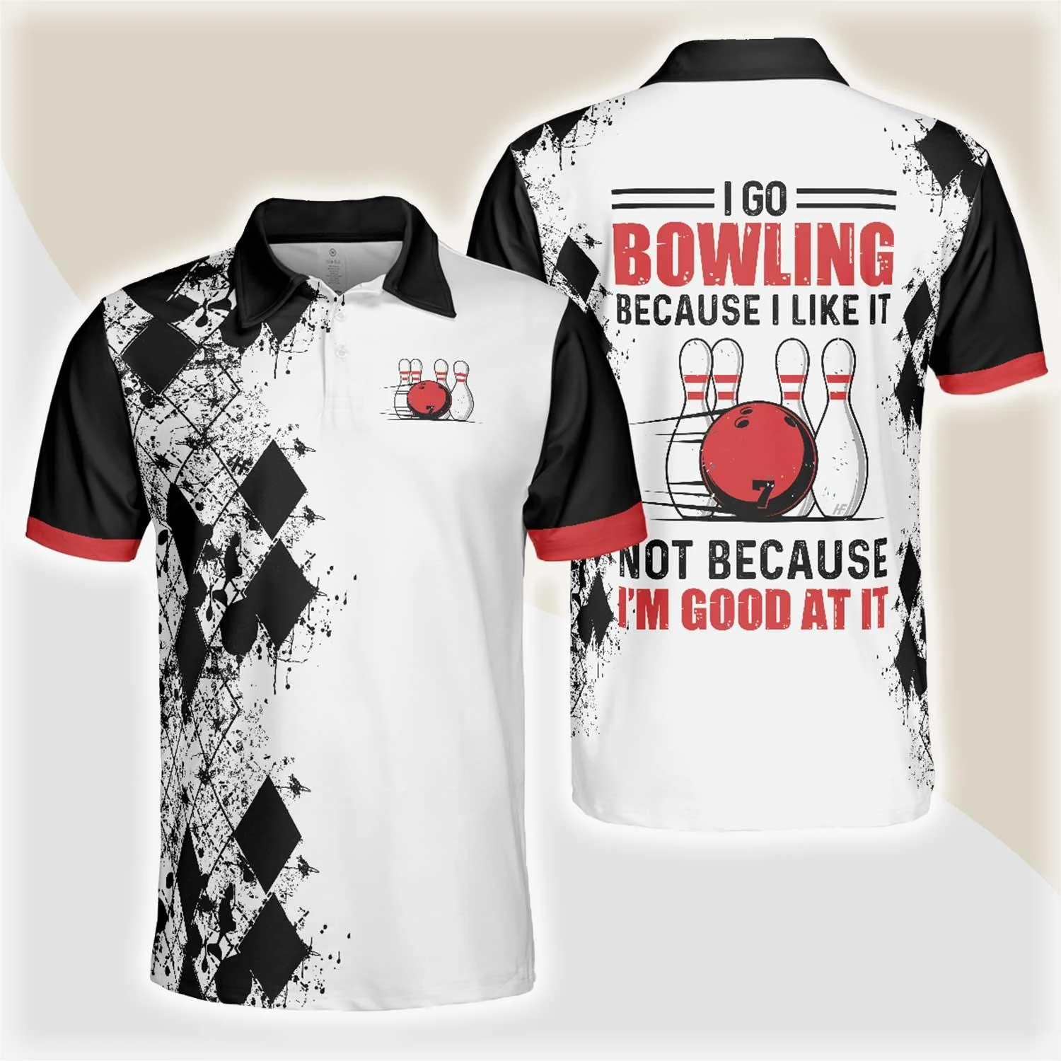 Bowling Men Polo Shirt - I Go Bowling Because I Like It Polo Shirt, Black Argyle Pattern Bowling Polo Shirt - Gift For Friend, Family, Bowling Lovers