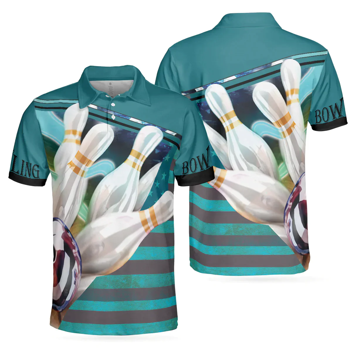 Bowling Men Polo Shirt - Love Bowling Polo Shirt, Blue American Flag Bowling Polo Shirt - Gift For Friend, Family, Bowling Lovers - Image 2