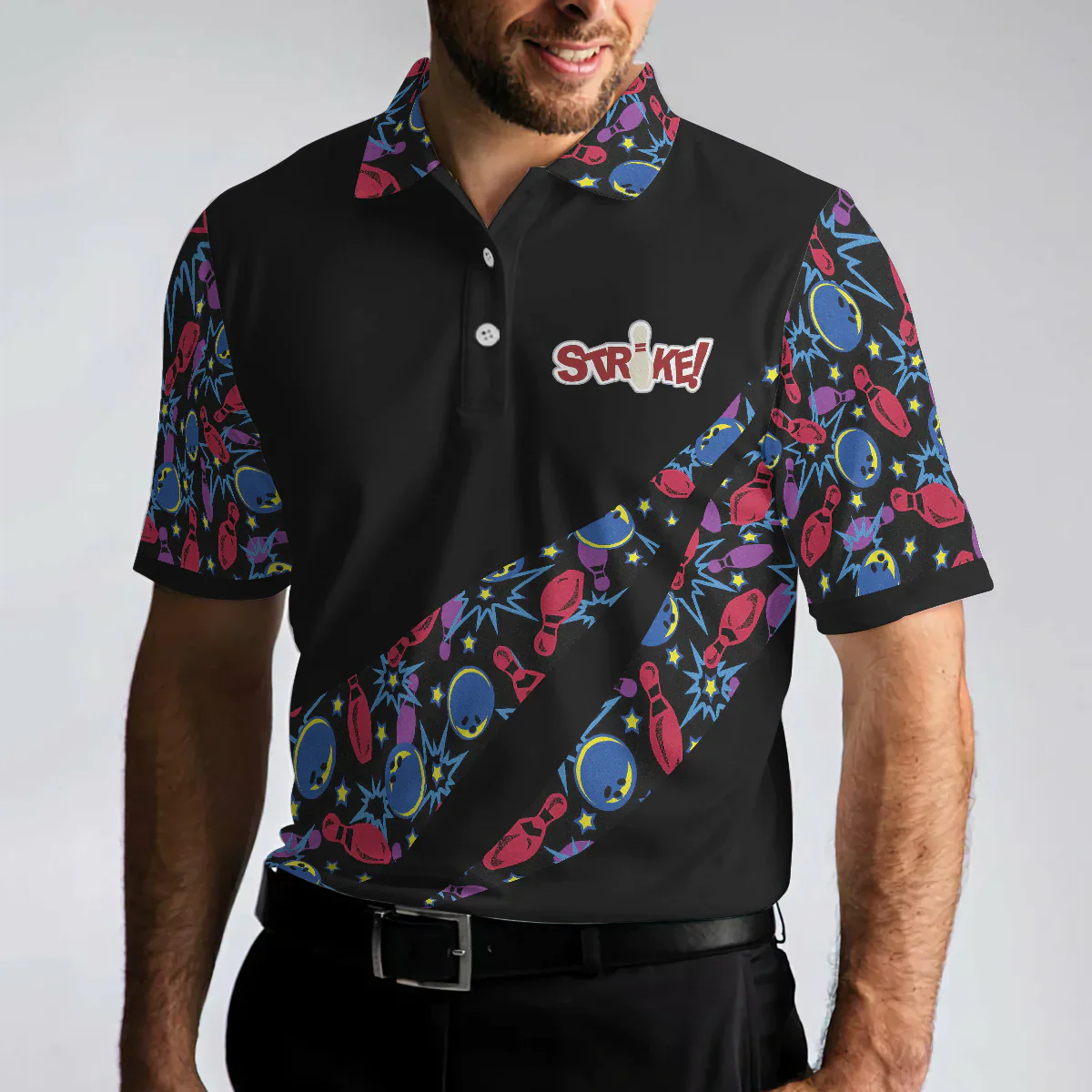 Bowling Men Polo Shirt - Split Happen Polo Shirt, Bowling Ball & Pin Seamless Pattern Bowling Polo Shirt - Gift For Friend, Family, Bowling Lovers - Image 2