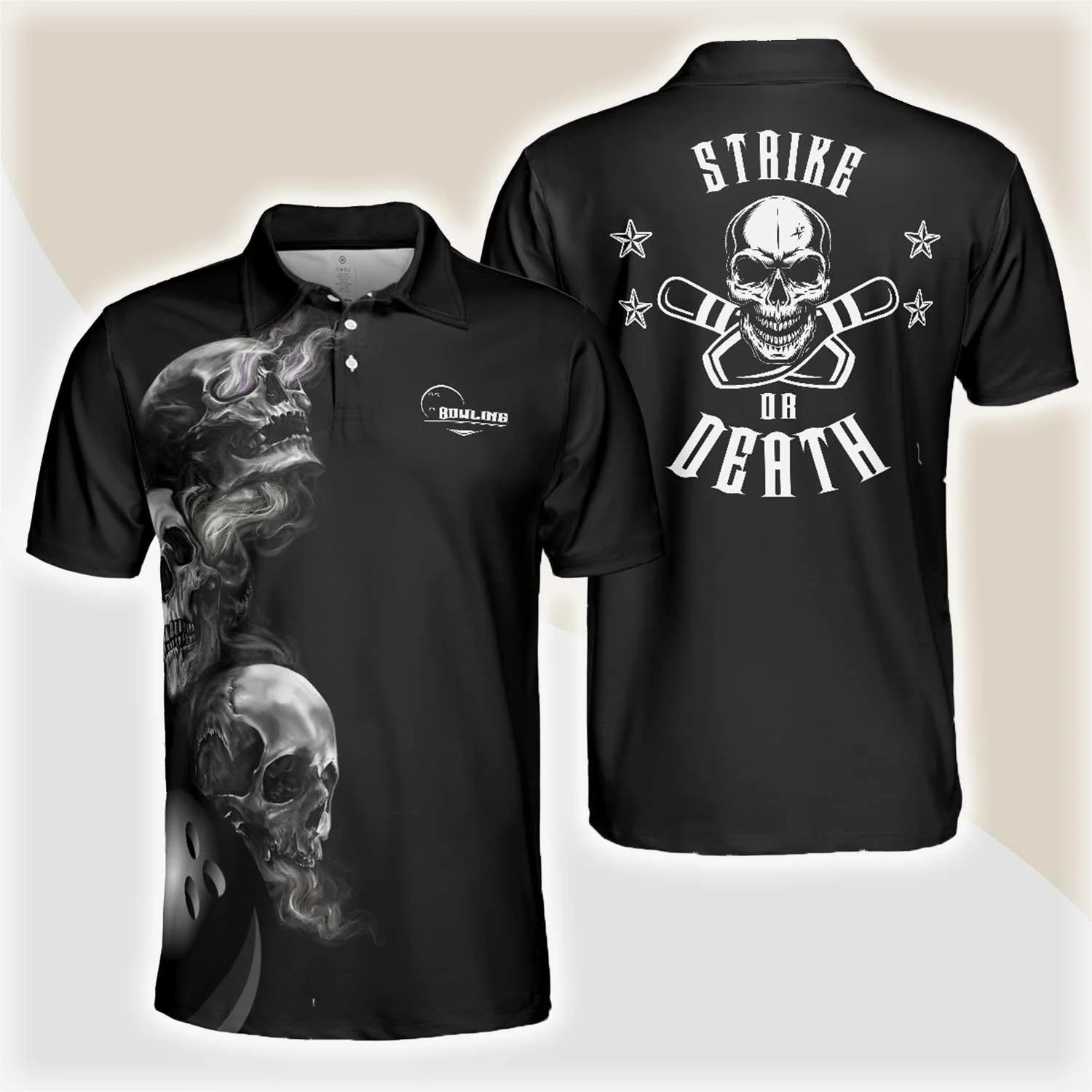 Bowling Men Polo Shirt - Strike Or Death Bowling Skull Polo Shirt, Black Skull Bowling Polo Shirt - Gift For Friend, Family, Bowling Lovers