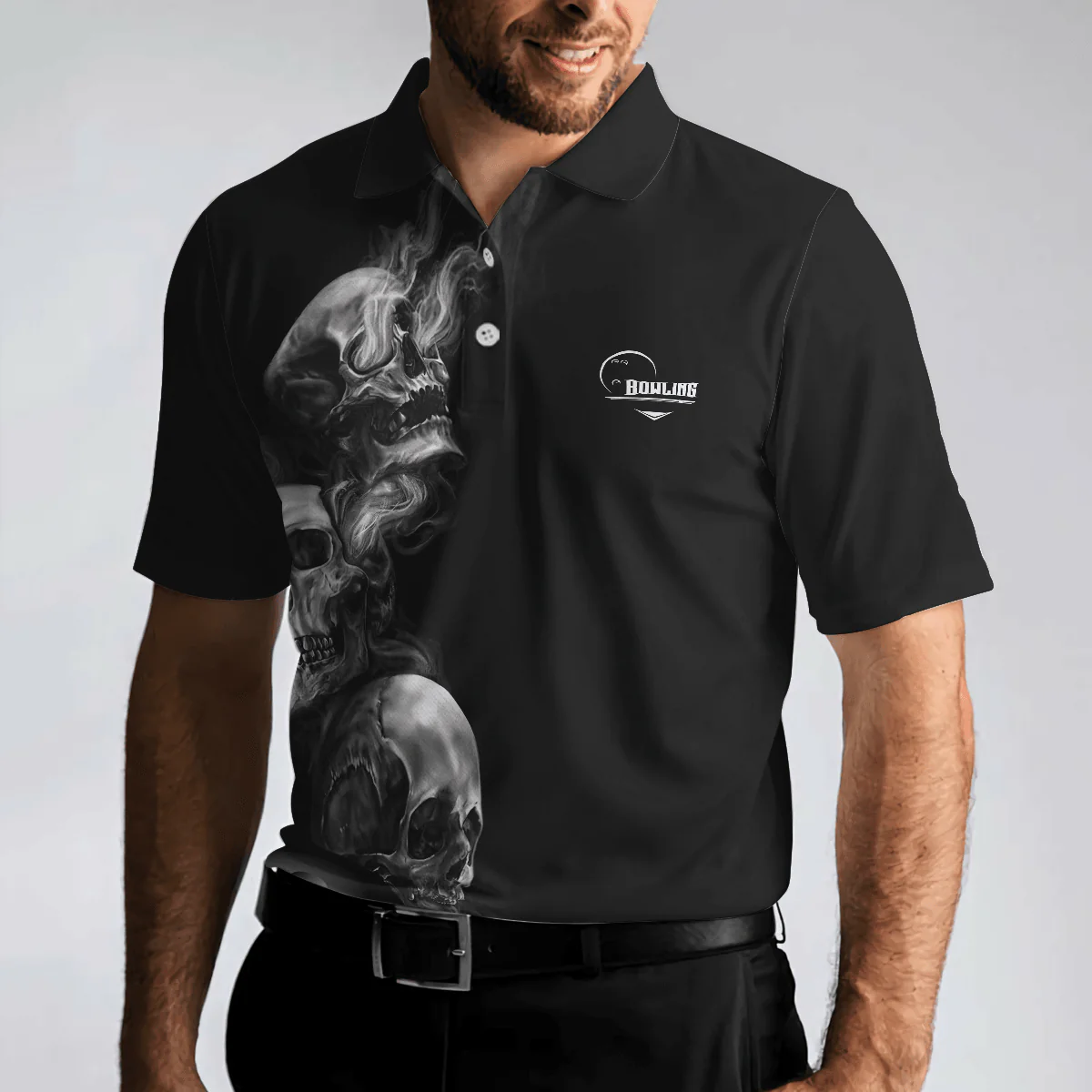 Bowling Men Polo Shirt - Strike Or Death Bowling Skull Polo Shirt, Black Skull Bowling Polo Shirt - Gift For Friend, Family, Bowling Lovers - Image 6