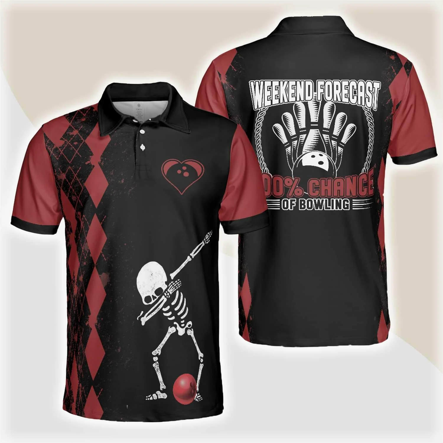Bowling Men Polo Shirt - Weekend Forecast Chance Of Bowling Polo Shirt, Red Argyle Bowling Polo Shirt - Gift For Friend, Family, Bowling Lovers