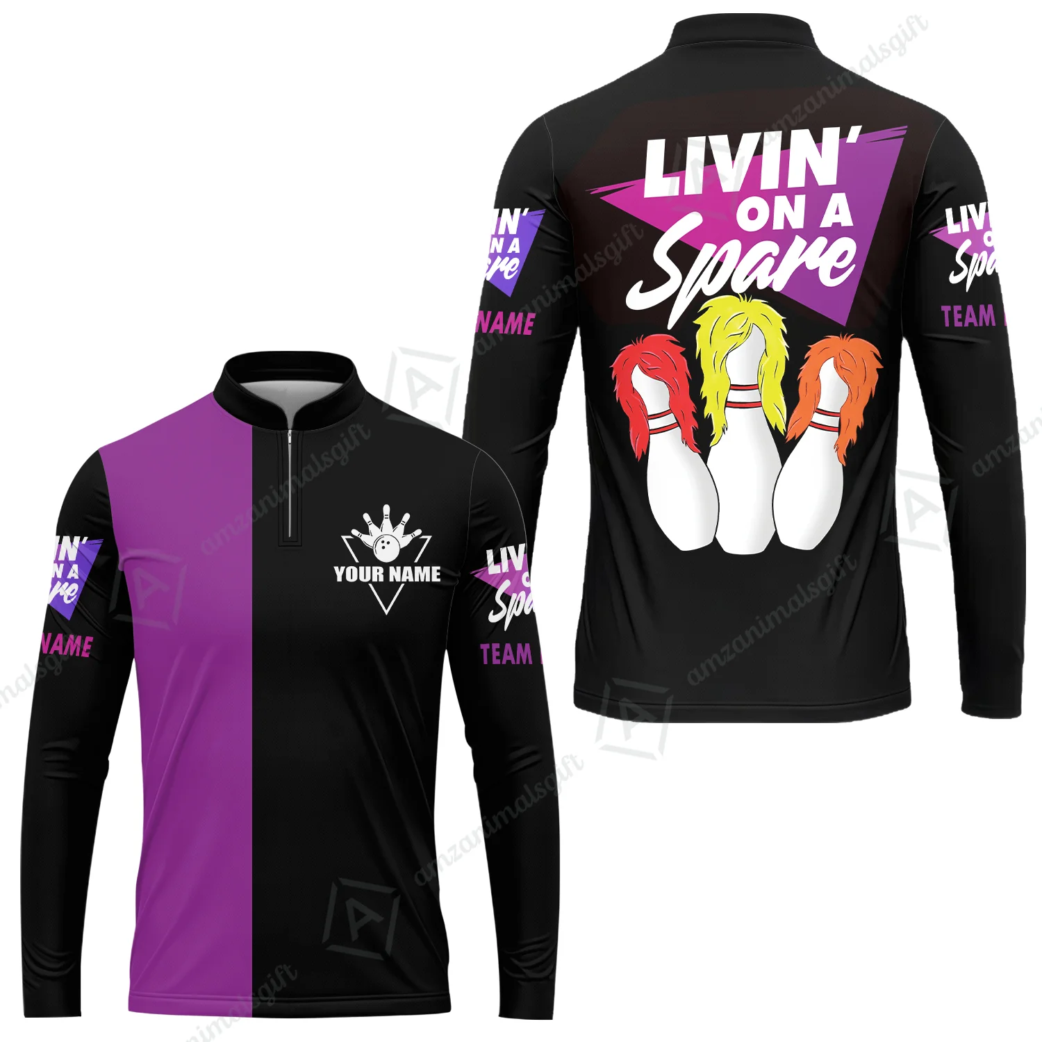 Bowling Men's Long Sleeve Jersey Shirt Custom Name - Bowling Livin' On A Spare Personalized Bowling Long Sleeve Polo Shirt - Image 2