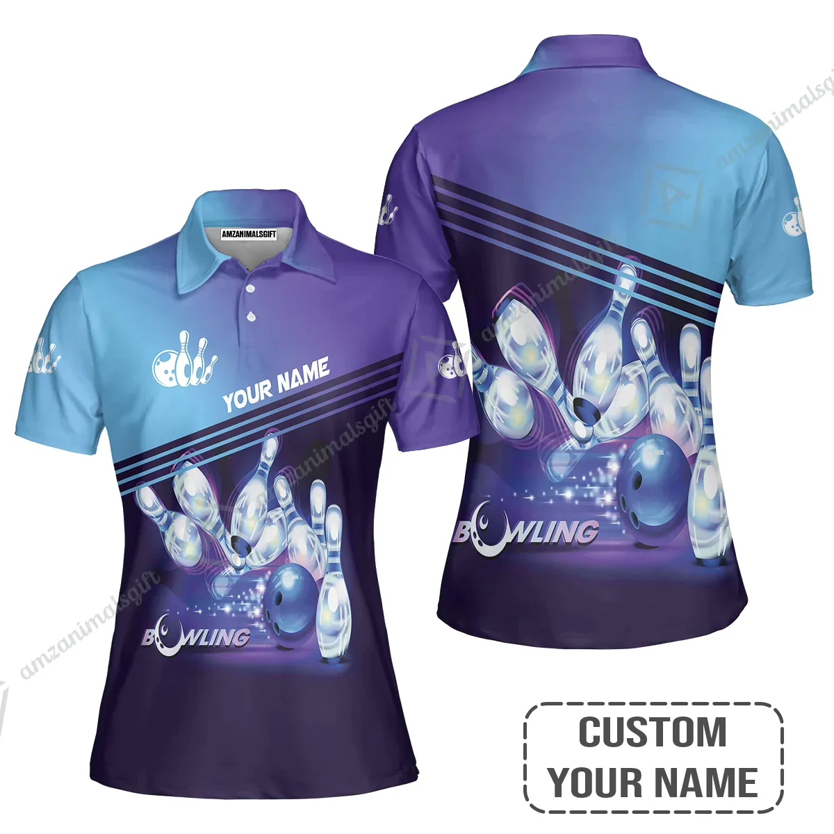 Bowling Polo Shirt With Custom Name, Personalized Blue Bowling Polo Shirt Uniform Players, Perfect Outfits For Bowling Lovers, Bowlers - Image 3
