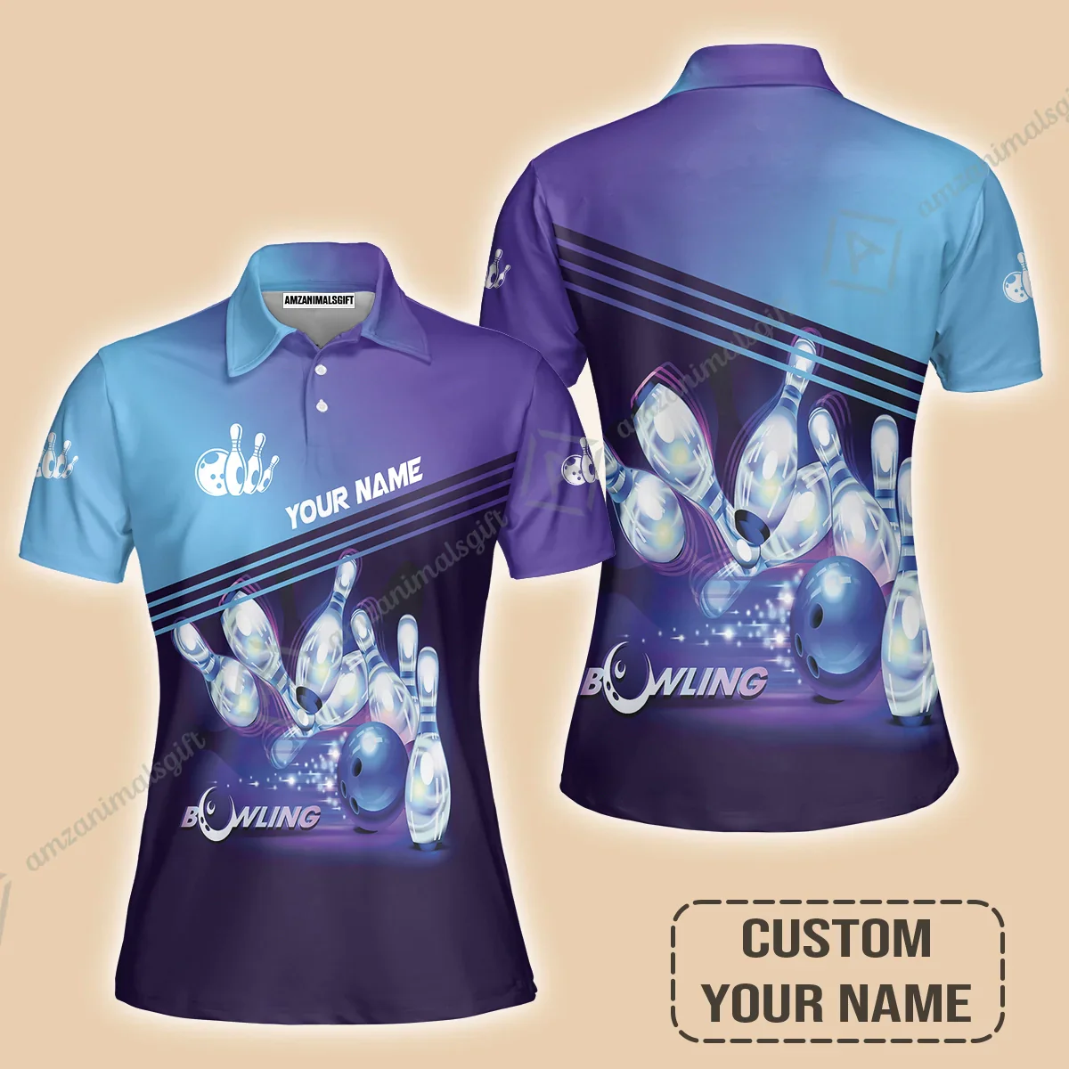 Bowling Polo Shirt With Custom Name, Personalized Blue Bowling Polo Shirt Uniform Players, Perfect Outfits For Bowling Lovers, Bowlers - Image 2