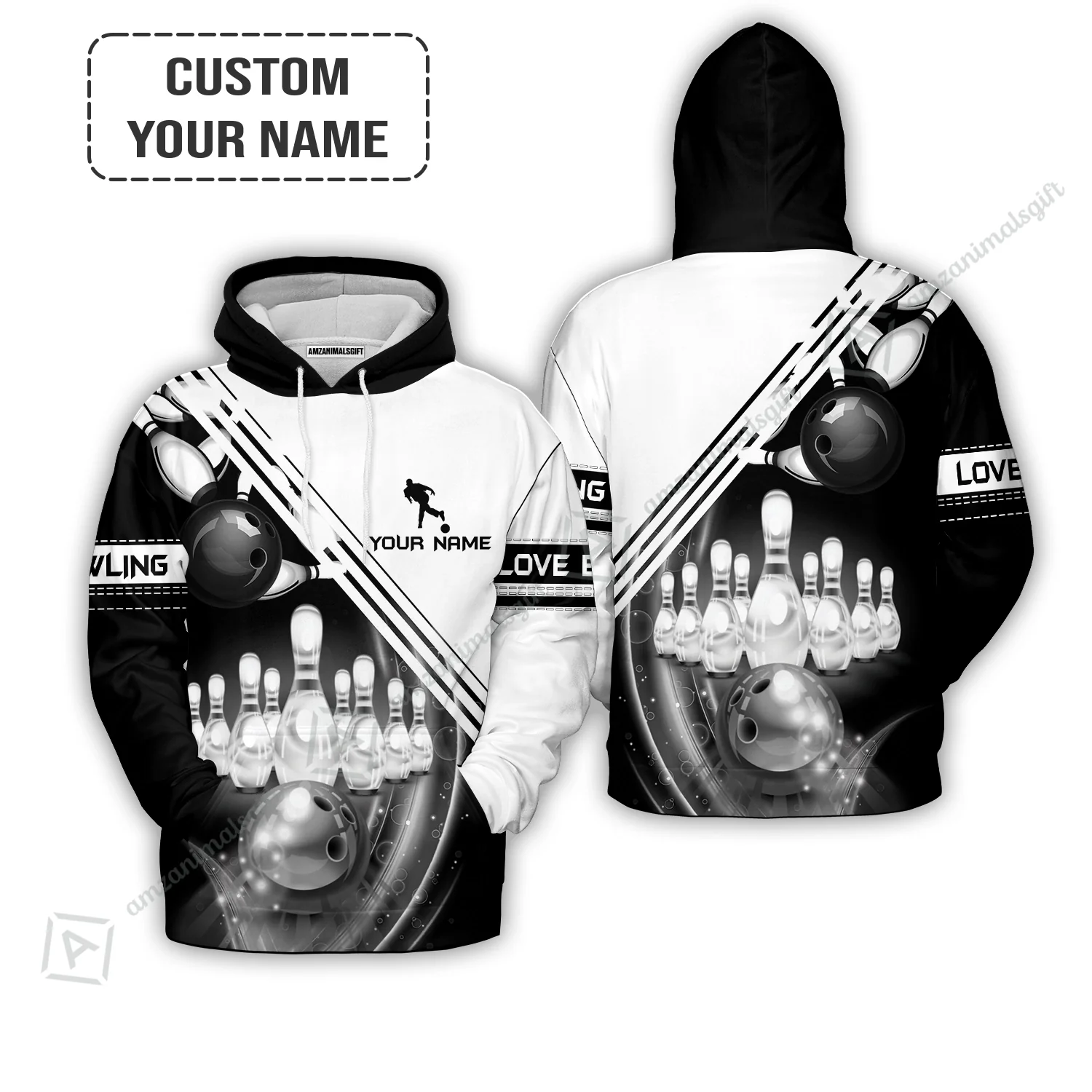 Bowling T shirt Custom Name - Black And White Bowling Ball In Motion And The Pins Personalized T-shirt - Gift For Friend, Family, Bowling Lovers - Image 4