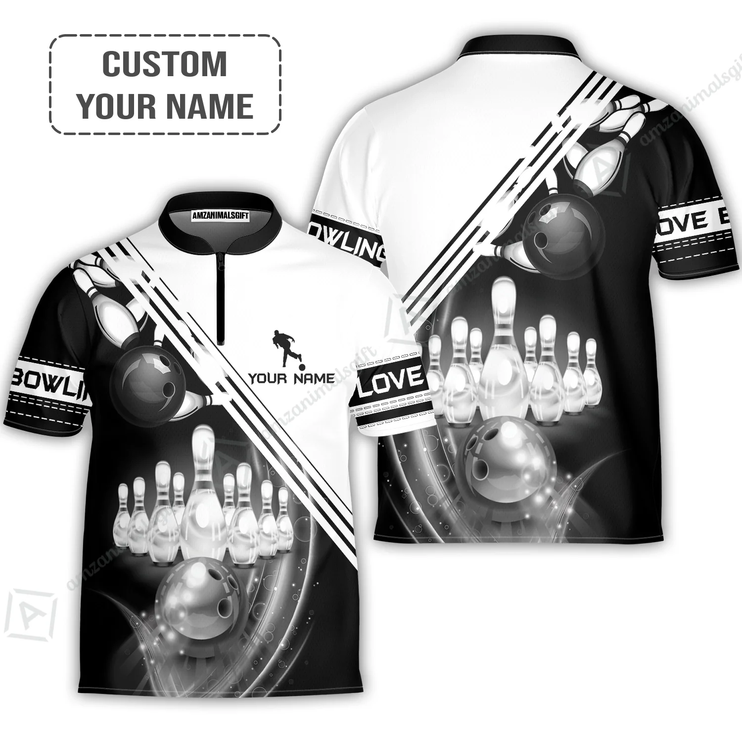 Bowling T shirt Custom Name - Black And White Bowling Ball In Motion And The Pins Personalized T-shirt - Gift For Friend, Family, Bowling Lovers - Image 5