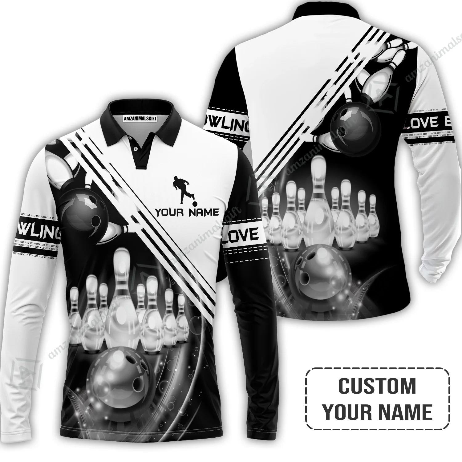Bowling T shirt Custom Name - Black And White Bowling Ball In Motion And The Pins Personalized T-shirt - Gift For Friend, Family, Bowling Lovers - Image 6