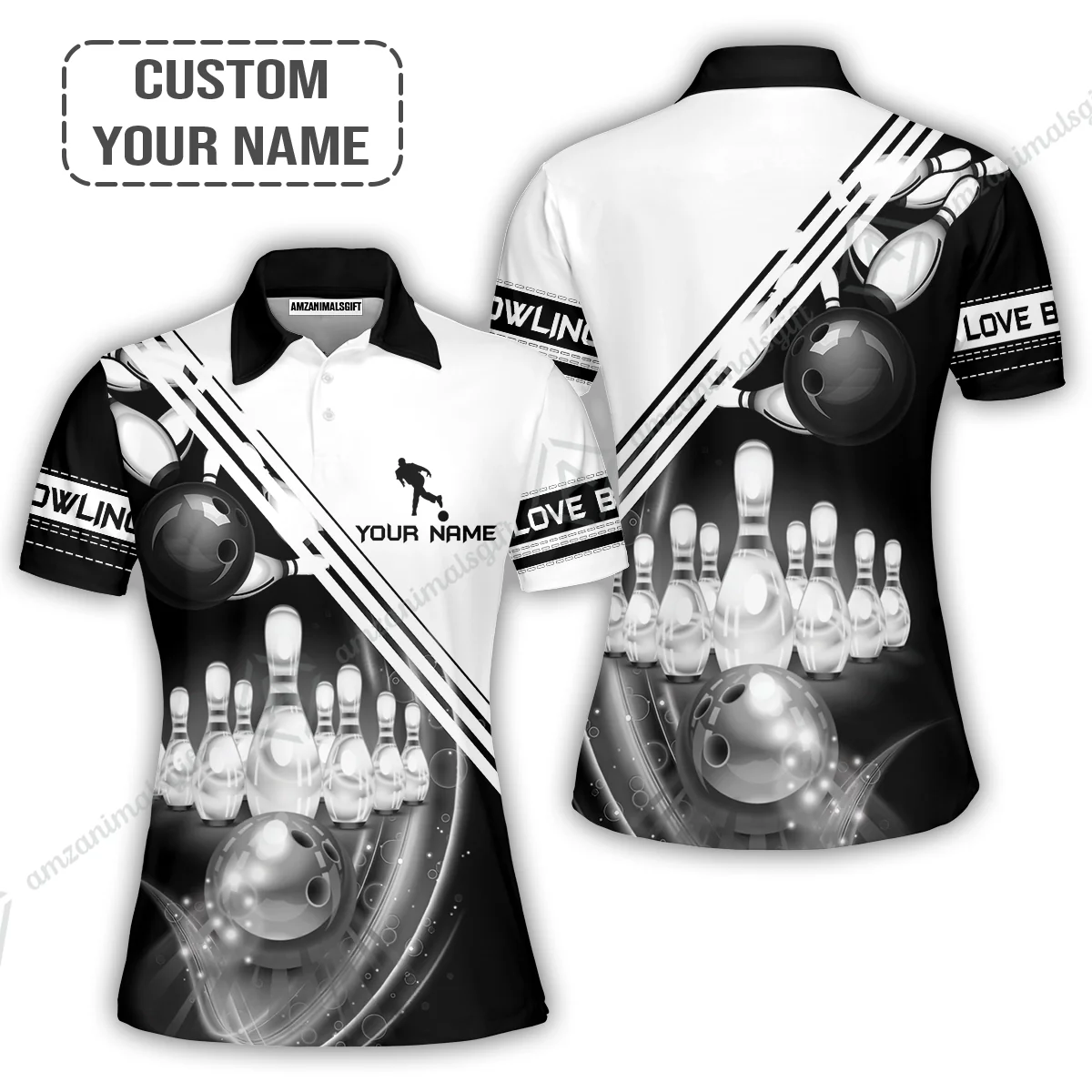 Bowling T shirt Custom Name - Black And White Bowling Ball In Motion And The Pins Personalized T-shirt - Gift For Friend, Family, Bowling Lovers - Image 8