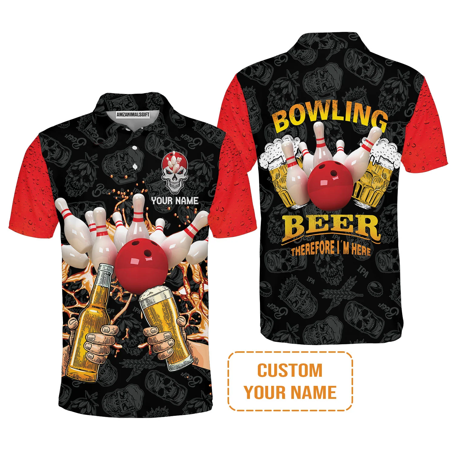 Bowling T-shirt Custom Name, Bowling and Beer Black Red Therefore I'm Here Personalized T-shirt, Gift For Friend, Bowling Lovers - Image 4