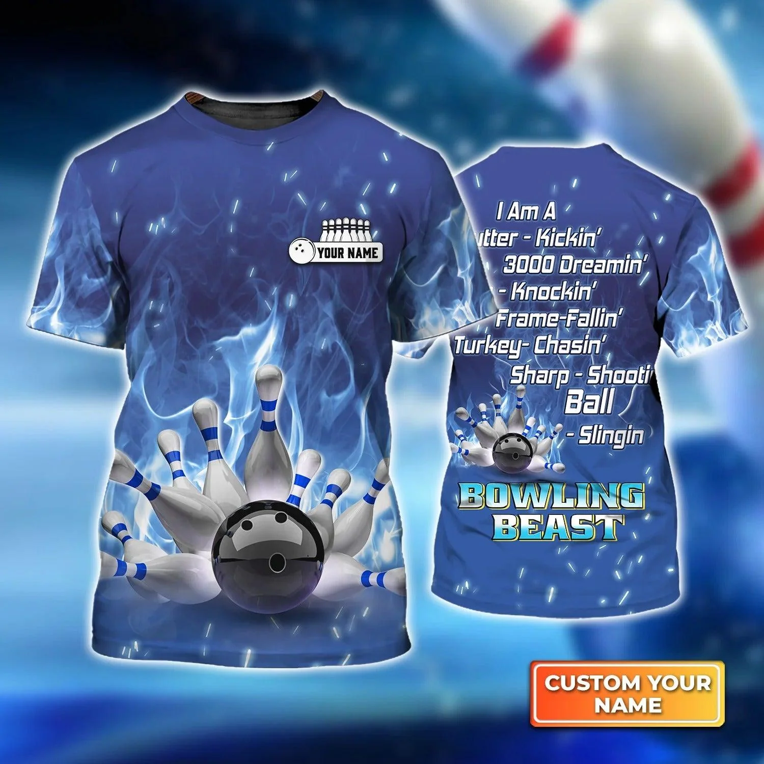 Bowling T shirt Custom Name - Bowling On Blue Fire Bowling Beast Personalized T-shirt - Gift For Friend, Family, Bowling Lovers