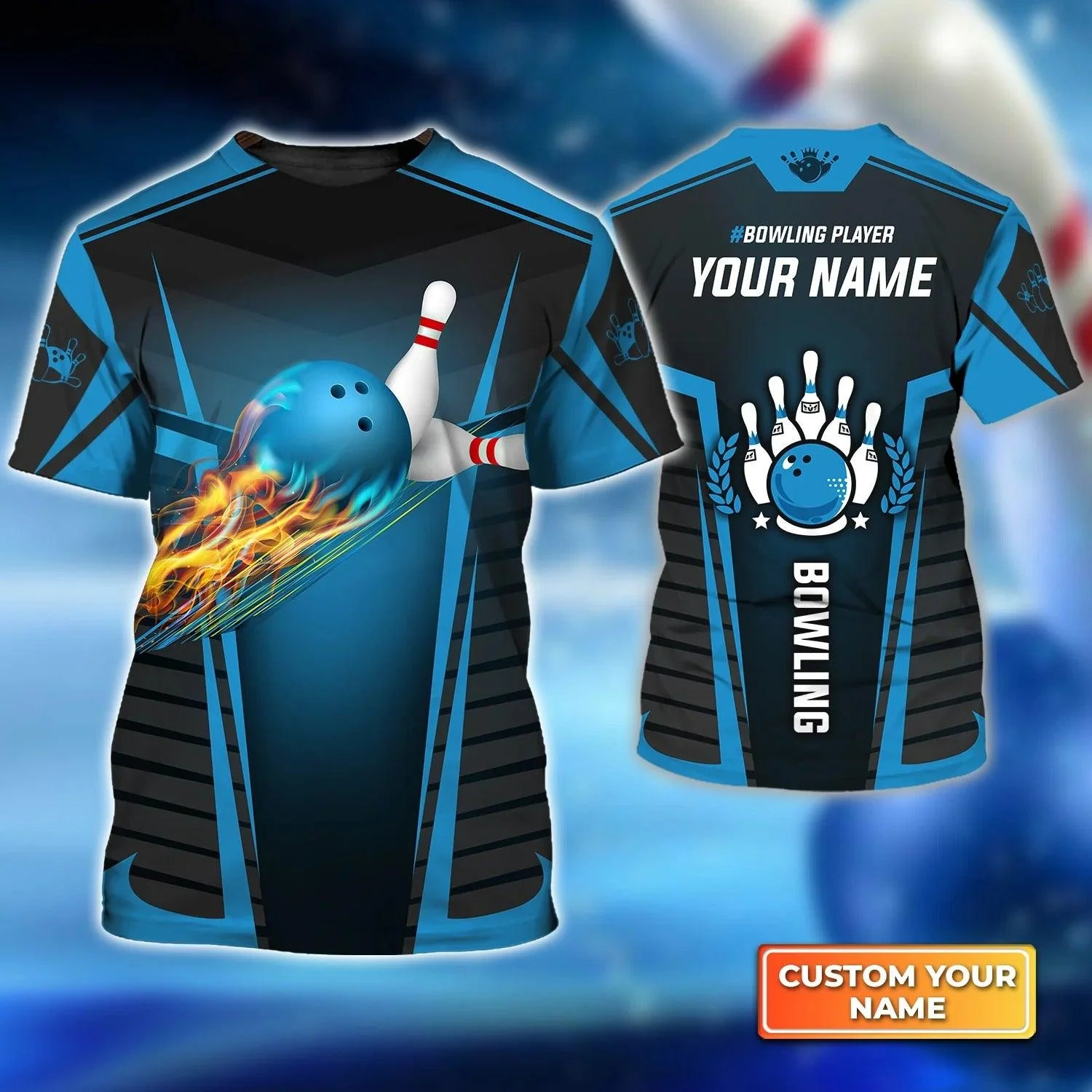 Bowling T shirt Custom Name - The Blue Bowling Ball in Flames Breaks White Skittles Personalized T-shirt - Gift For Friend, Family, Bowling Lovers