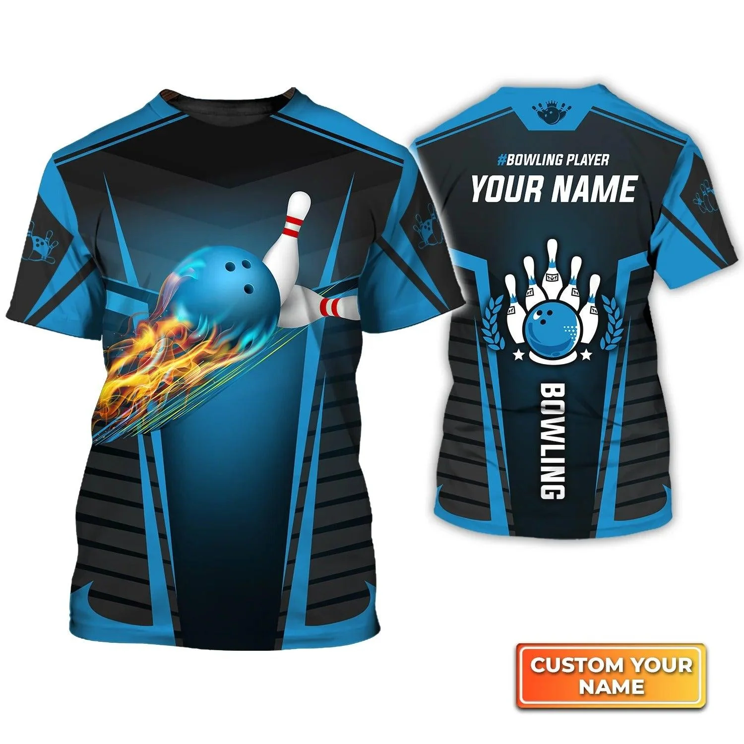 Bowling T shirt Custom Name - The Blue Bowling Ball in Flames Breaks White Skittles Personalized T-shirt - Gift For Friend, Family, Bowling Lovers - Image 3
