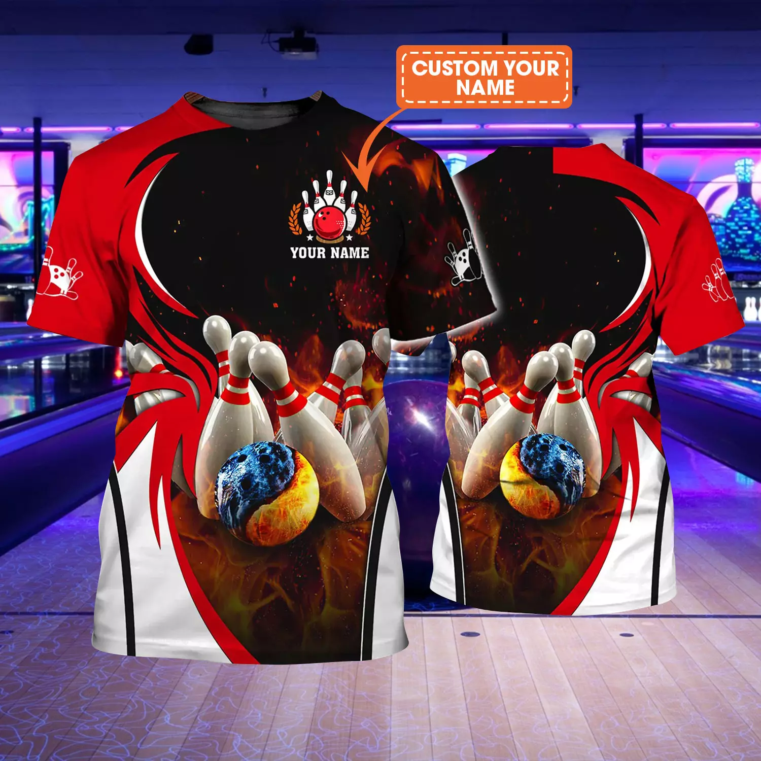 Bowling T shirt Custom Name - Water And Fire In Bowling Ball Personalized T-shirt - Gift For Friend, Family, Bowling Lovers