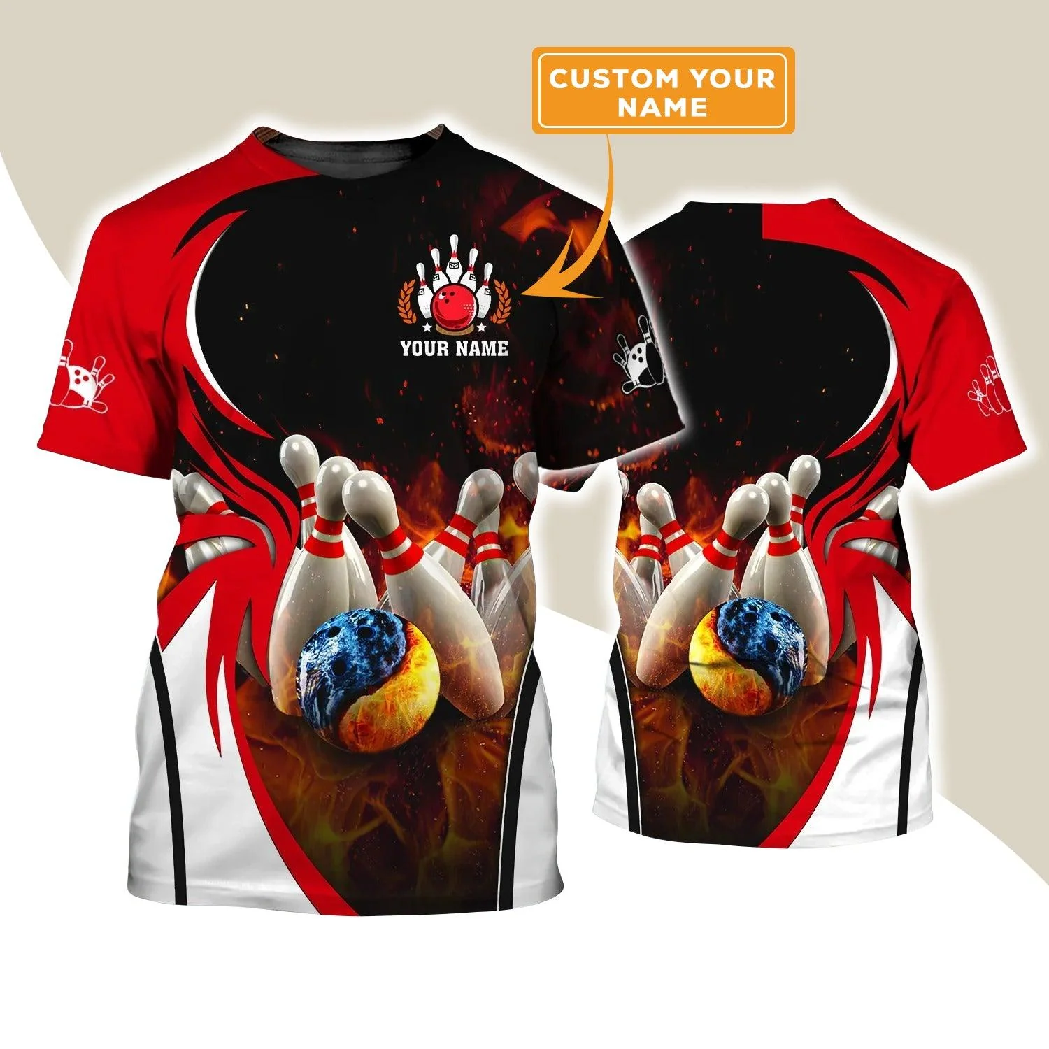 Bowling T shirt Custom Name - Water And Fire In Bowling Ball Personalized T-shirt - Gift For Friend, Family, Bowling Lovers - Image 3