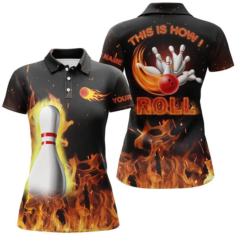Bowling Women Polo Shirt Custom Name - Black Flame Bowling Shirt Personalized Bowling Polo Shirt - Gift For Friend, Family, Bowling Lovers - Image 2