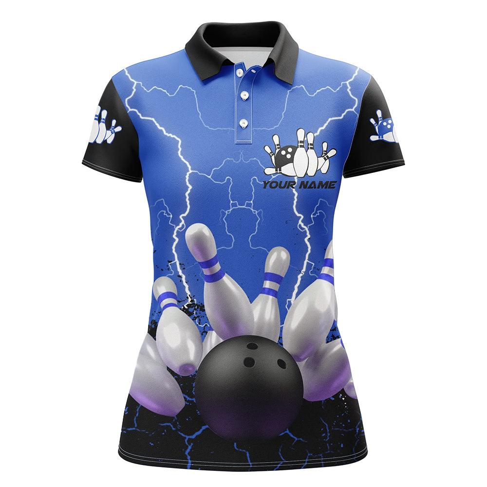 Bowling Women Polo Shirt Custom Name - Blue Lightning Bowling Uniform Personalized Bowling Polo Shirt - Gift For Friend, Family, Bowling Lovers - Image 2