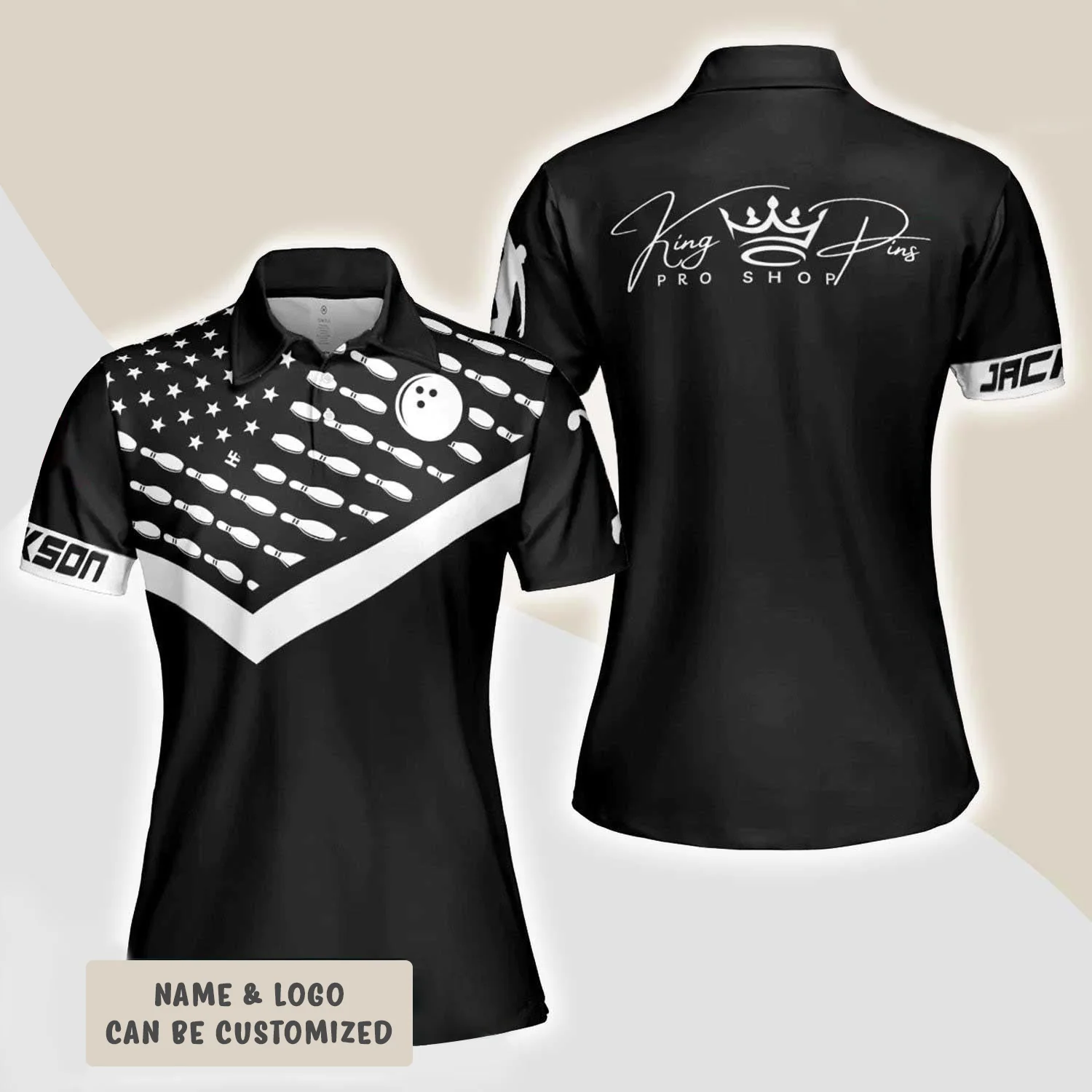 Bowling Women Polo Shirt Custom Name - Bowling Pattern American Flag Personalized Bowling Polo Shirt - Gift For Wife, Family, Bowling Lovers - Image 2