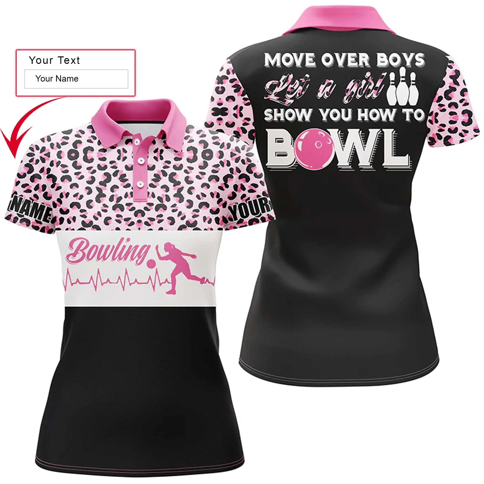 Bowling Women Polo Shirt Custom Name - Bowling Pink Leopard Personalized Bowling Polo Shirt - Gift For Friend, Family, Bowling Lovers