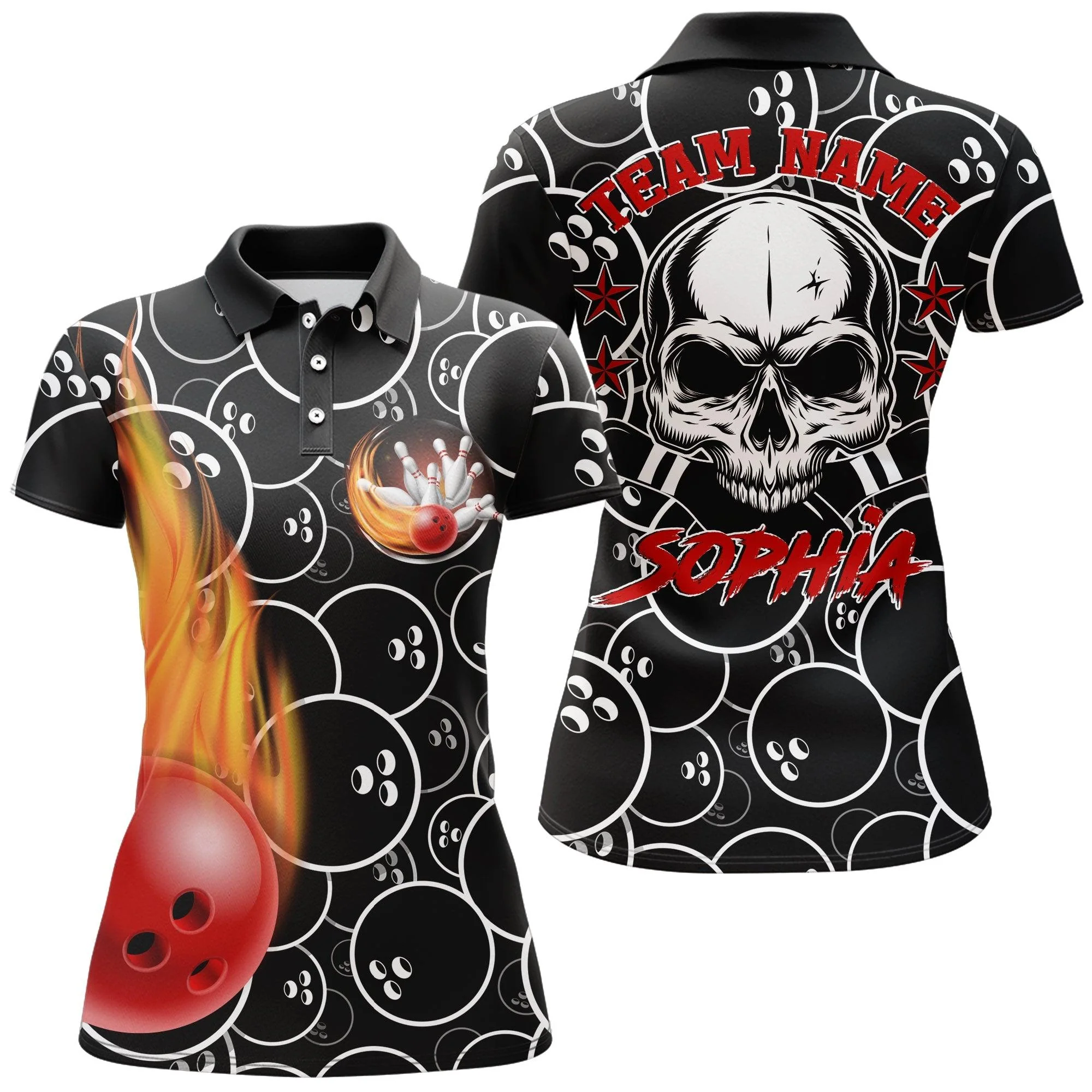 Bowling Women Polo Shirt Custom Name - Cool Skull Pins Black Bowling Personalized Bowling Polo Shirt - Gift For Friend, Family, Bowling Lovers - Image 2