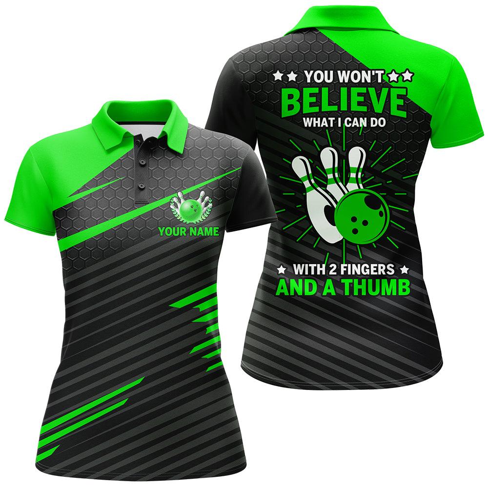 Bowling Women Polo Shirt Custom Name - Green Black Bowling 2 Fingers and A Thumb Personalized Bowling Polo Shirt - Gift For Friend, Family, Bowling Lovers - Image 2