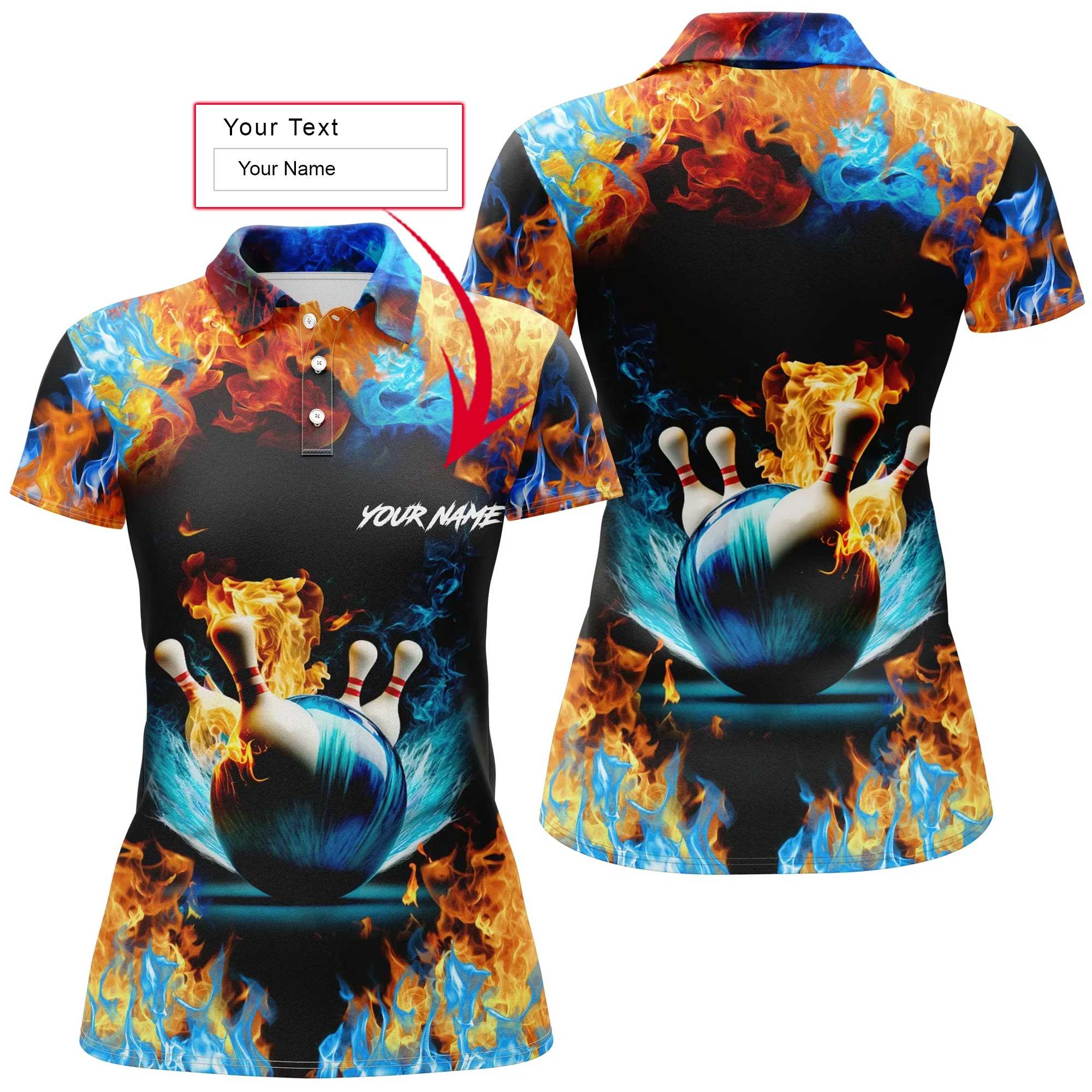 Bowling Women Polo Shirt Custom Name - Water Fire Background Personalized Bowling Polo Shirt - Gift For Friend, Family, Bowling Lovers