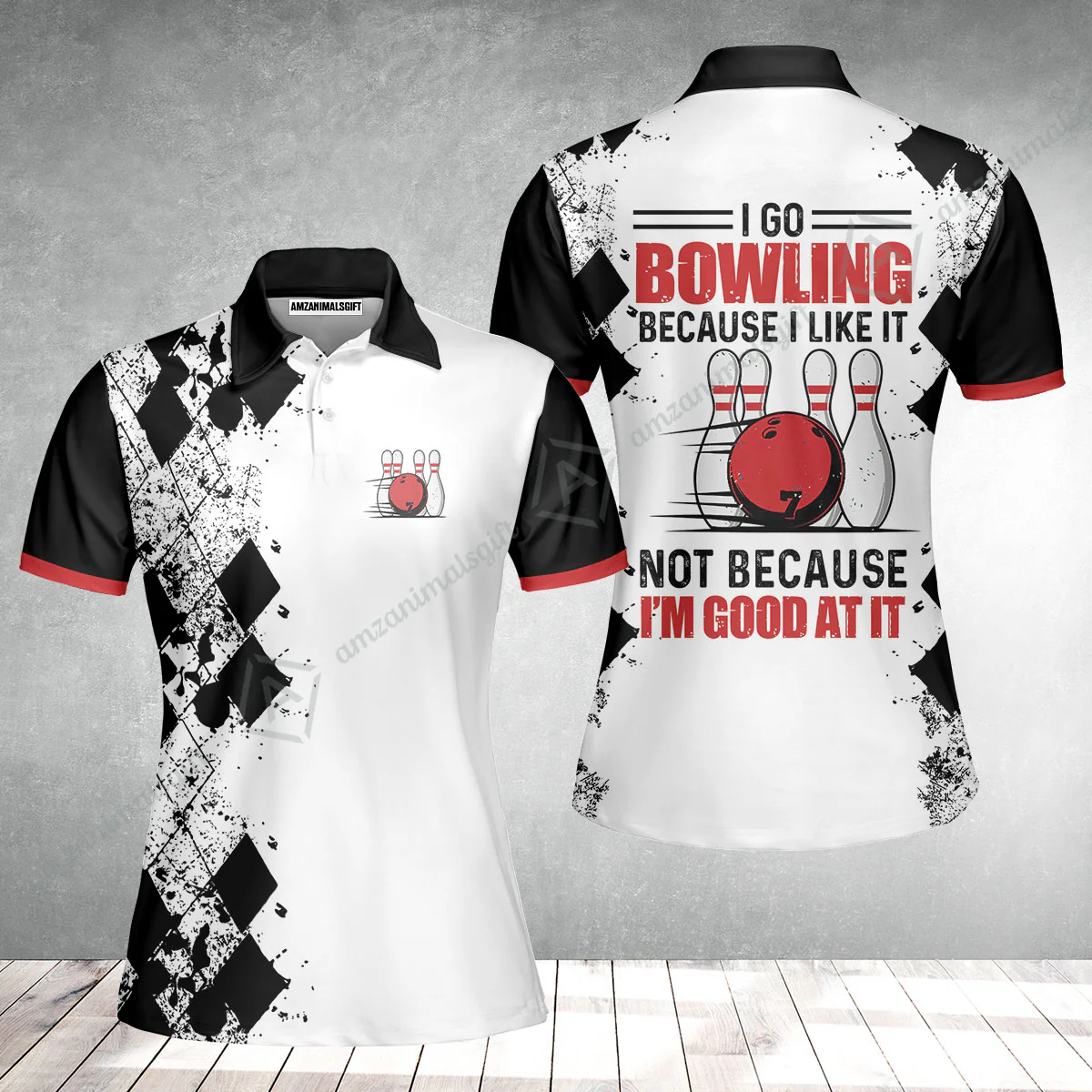 Bowling Women Polo Shirt - I Go Bowling Because I Like It Women Polo Shirt, Black Argyle Pattern Shirt Design, Best Bowling Shirt - Image 2