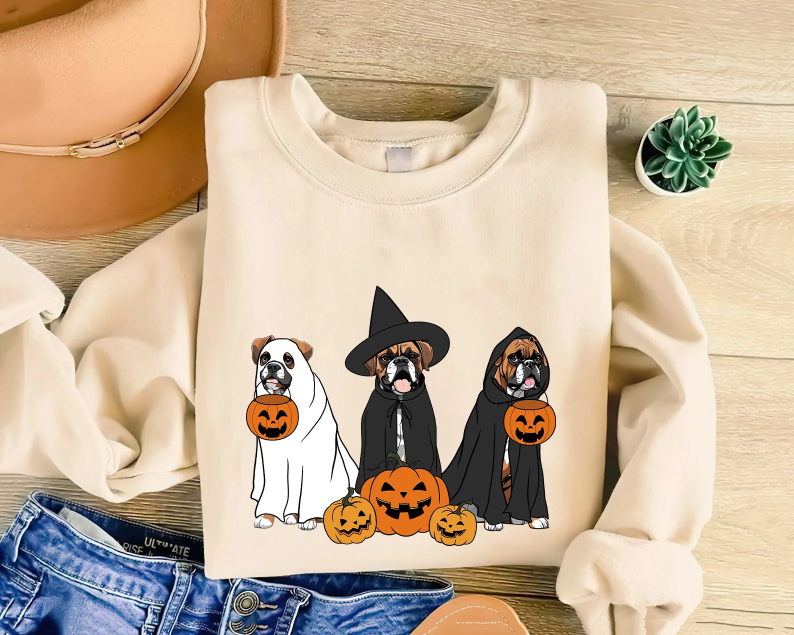 Boxer Sweatshirt, Ghost And Witch Boxer Sweatshirt, Halloween Dog Shirt, Boxer Dog Sweatshirt, Boxer Tee - Image 3