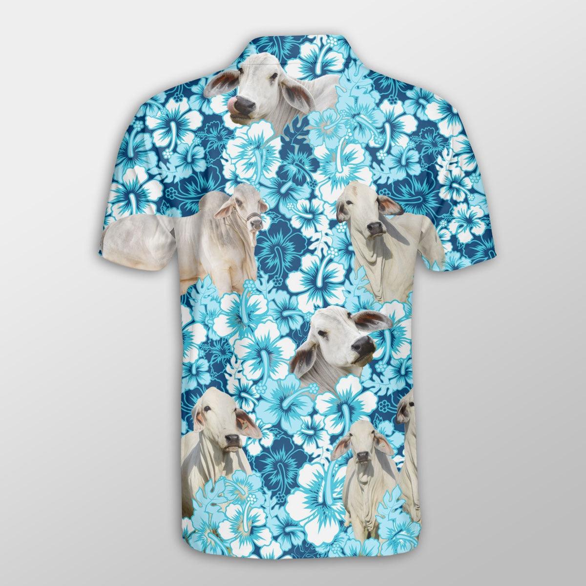 Brahman Men Polo Shirts For Summer - Brahman Blue Hibiscus Pattern Button Shirts For Men - Perfect Gift For Brahman Lovers, Cattle Lovers - Image 3