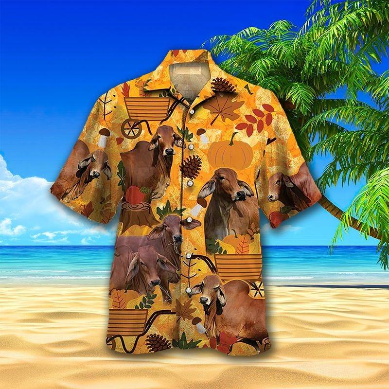 Brown Cow Aloha Hawaiian Shirt - Autumn Pumpkin Hawaiian Shirt, Autumn Leaves Hawaiian Shirt For Men & Women, Cow Lover - Image 3