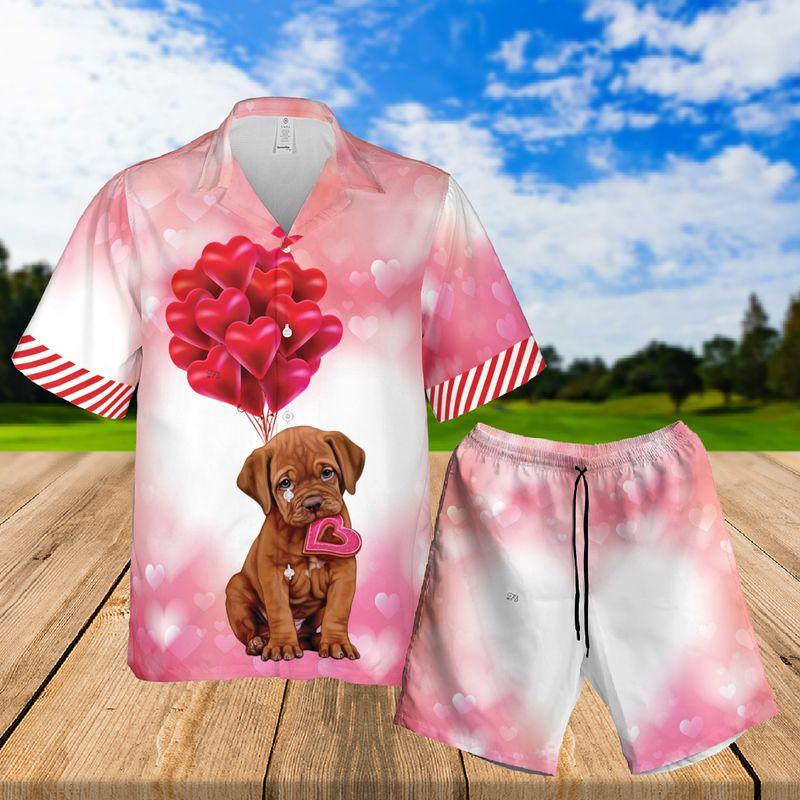 Bulldog Puppy Aloha Hawaiian Shirts For Summer, My Valentine Has Paws Heart Hawaiian Set For Men Women, Valentine Gift For Couple, Dog Lovers