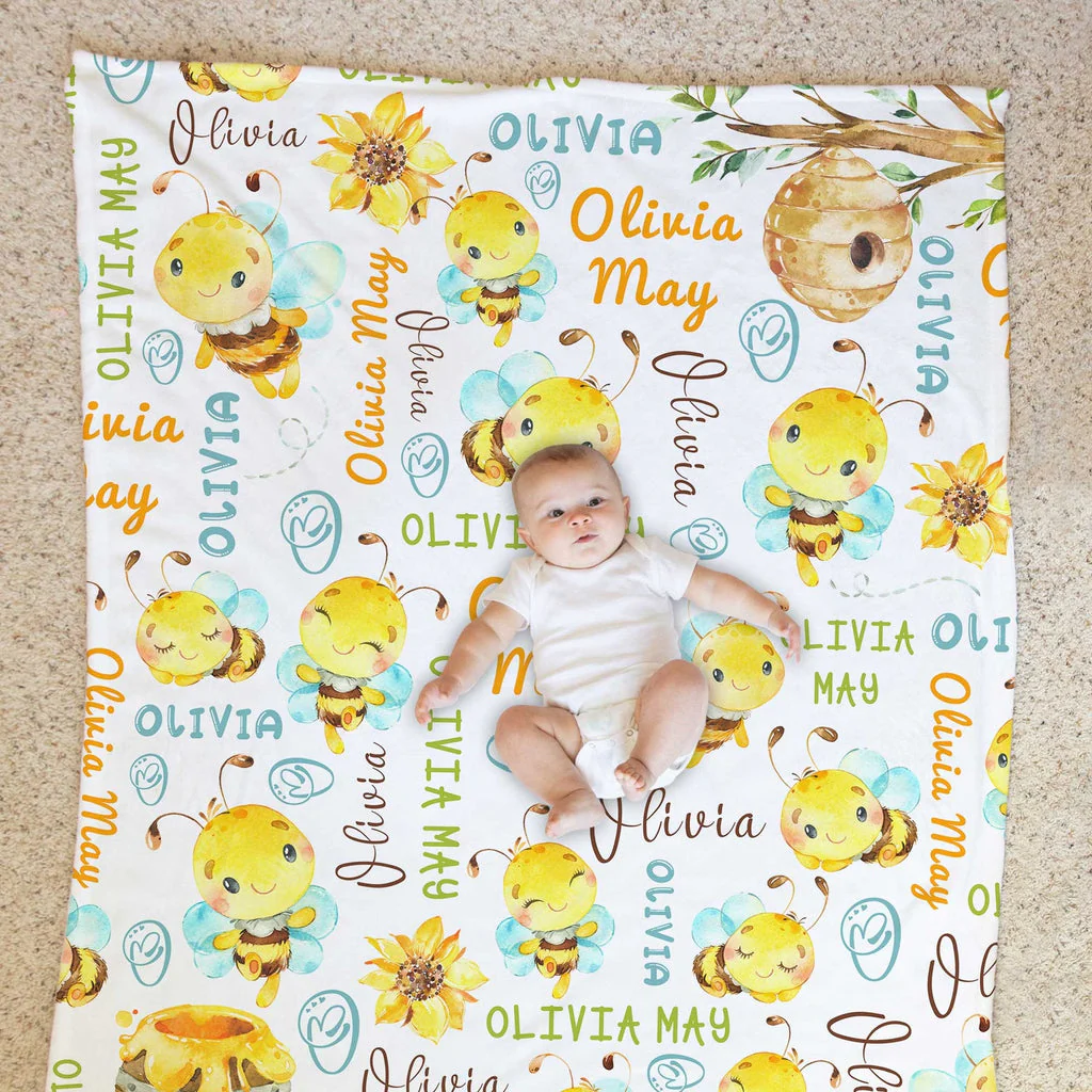 Bumble Bee Pattern Baby Kids Blanket With Custom Name For Baby Nursery, Son, Daughter, Granddaughter, Grandson - Image 3