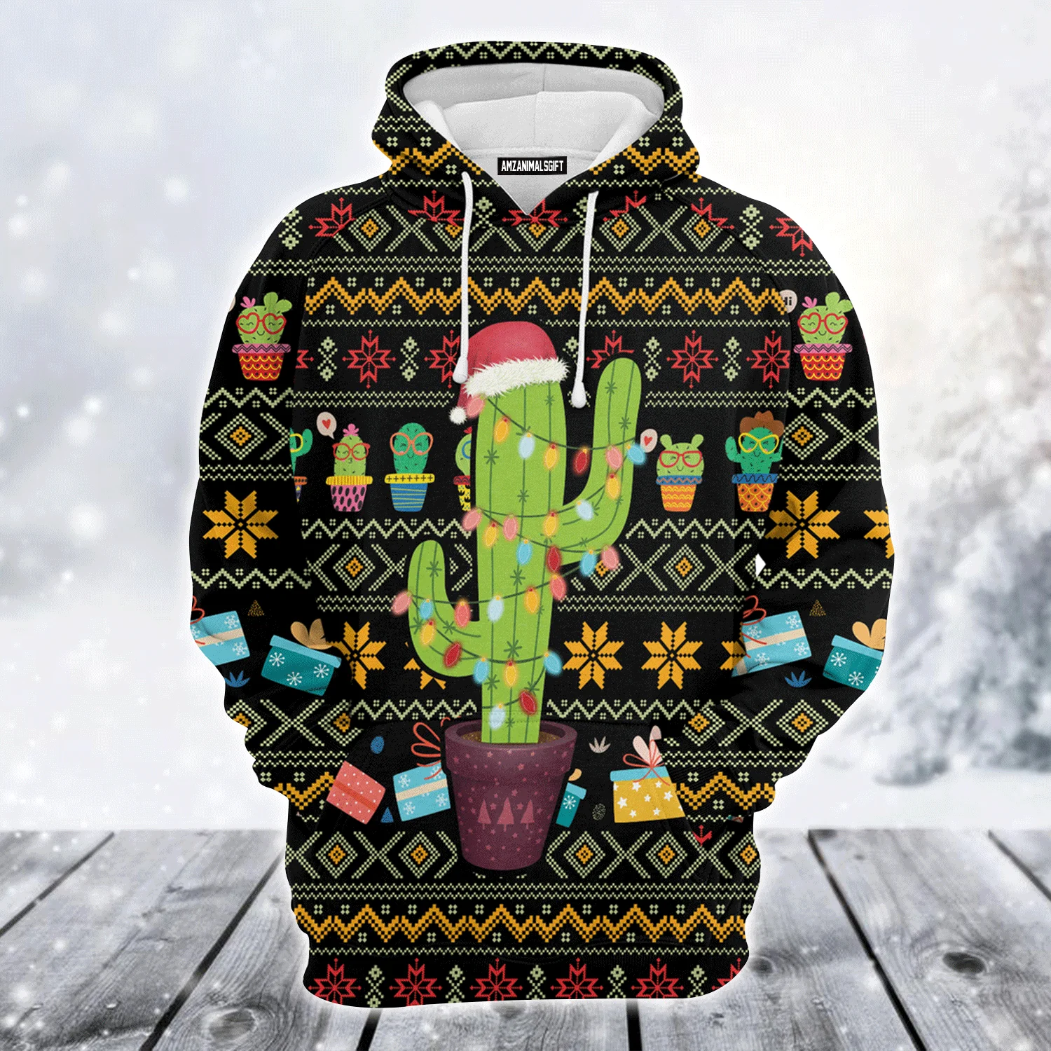 Cactus Premium Christmas Hoodie, Cactus Light Xmas Christmas Unisex Hoodie For Men & Women - Perfect Gift For Christmas, Friends, Family