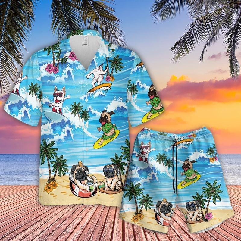 Cartoon Dog Aloha Hawaiian Shirt - Bull Dog surfing Hawaiian Shirt, Cartoon Pug Hawaiian Shirt For Men & Women, Dog Lover