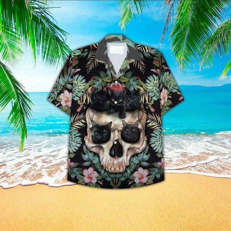 Cat Aloha Hawaiian Shirt - Black Cat Hawaiian Shirt, Skull Hawaiian Shirt For Men & Women, Cat Lover