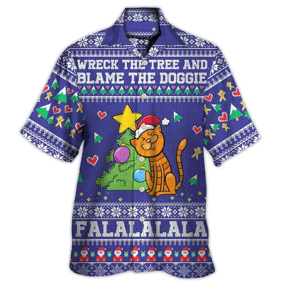 Cat Aloha Hawaiian Shirt For Summer, Cat Christmas Ugly Pattern Blue, Cat Wreck The Tree And Blame The Doggies Hawaiian Shirts Outfit For Men Women, Cat Lovers