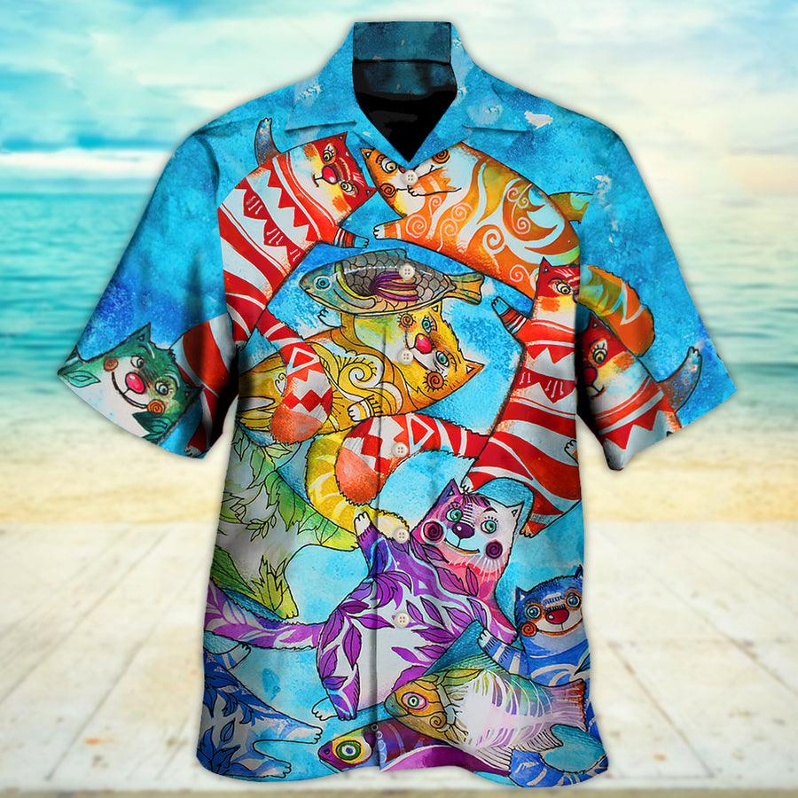 Cat And Fish Hawaiian Shirt For Summer, Best Colorful Cool Cat Hawaiian Shirts Outfit For Men Women, Friend, Team, Cat Lovers