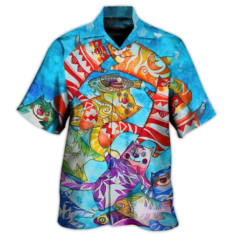 Cat And Fish Hawaiian Shirt For Summer, Best Colorful Cool Cat Hawaiian Shirts Outfit For Men Women, Friend, Team, Cat Lovers - Image 3