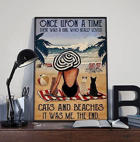 Cat & Beach Portrait Canvas - Once Upon A Time There Was A Girl Who Really Loved Cats And Beaches Canvas - Perfect Gift For Beach & Cat Lover