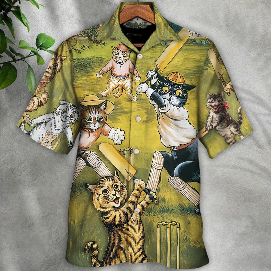 Cat Cricket Hawaiian Shirt For Summer, Cat Play Cricket Funny We Love Cricket Hawaiian Shirts Outfit For Men Women, Friend, Team, Cat Lovers