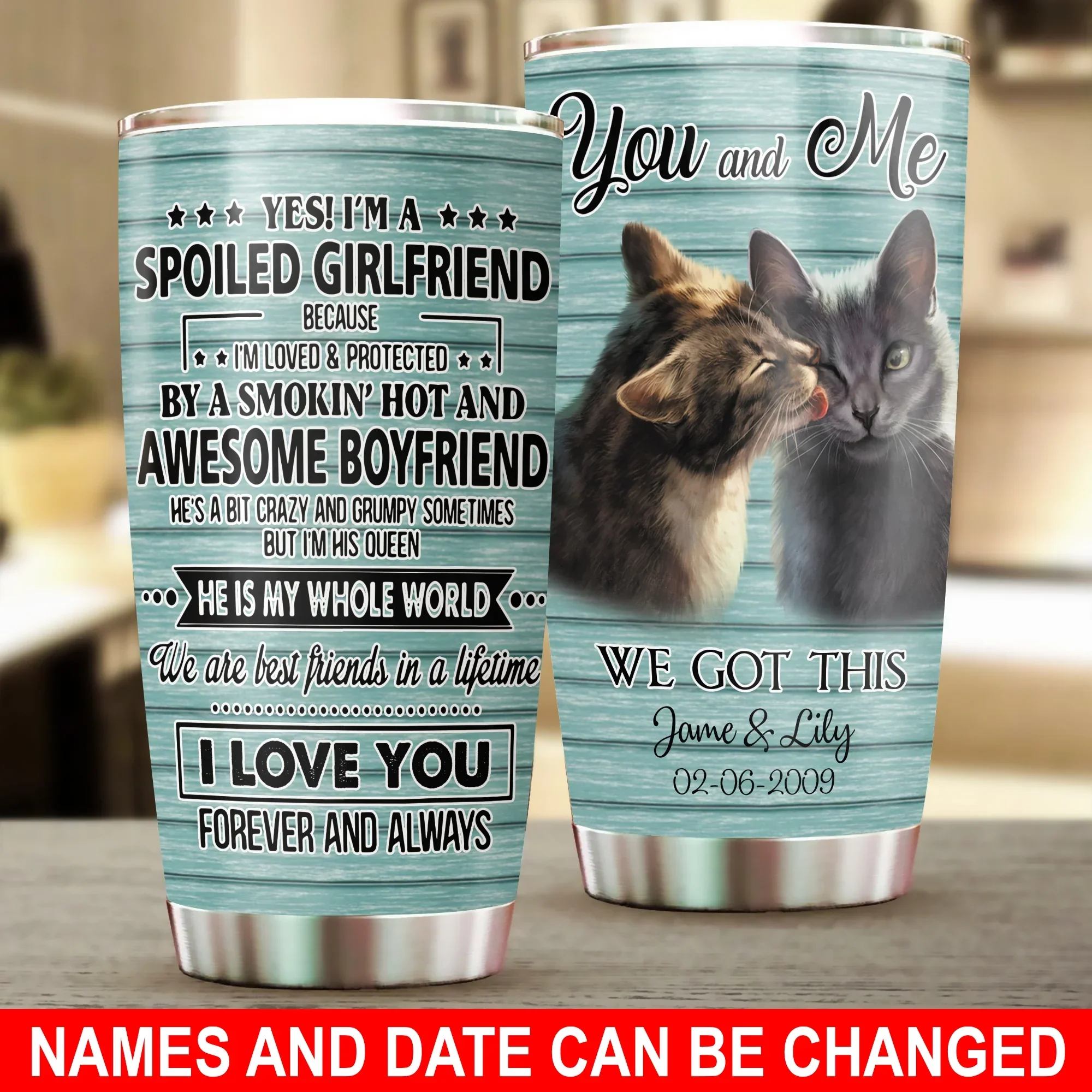 Cat Custom Name Tumbler, Cute Cat Couple, You And Me We Got This, Personalized Gift for Cat Lovers, Cat Mom Dad, Mother's Day, Couples