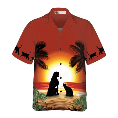 Cat Hawaiian Shirt, Cat And Dog Sunset Aloha Shirt For Men - Perfect Gift For Men, Cat Lovers, Dog Lovers, Husband, Boyfriend, Friend, Family - Image 3