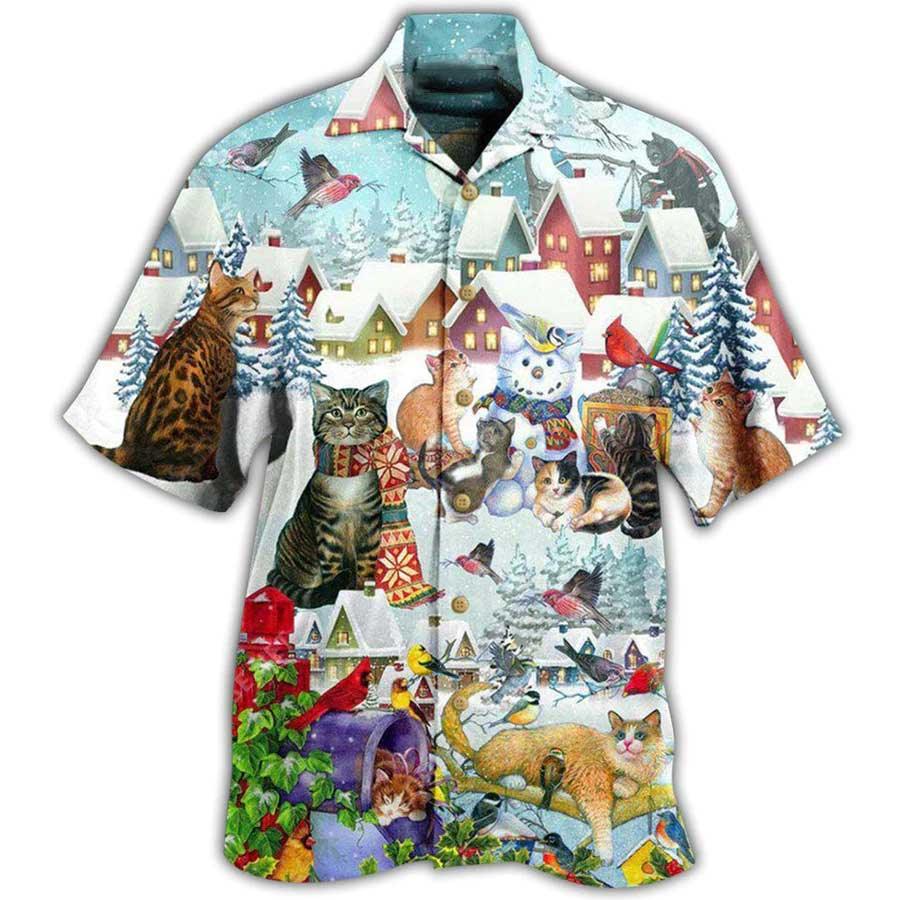 Cat Hawaiian Shirt For Summer, Bird In Winter, Best Colorful Cat Hawaiian Shirts Outfit For Men Women, Friend, Team, Cat Lovers - Image 3