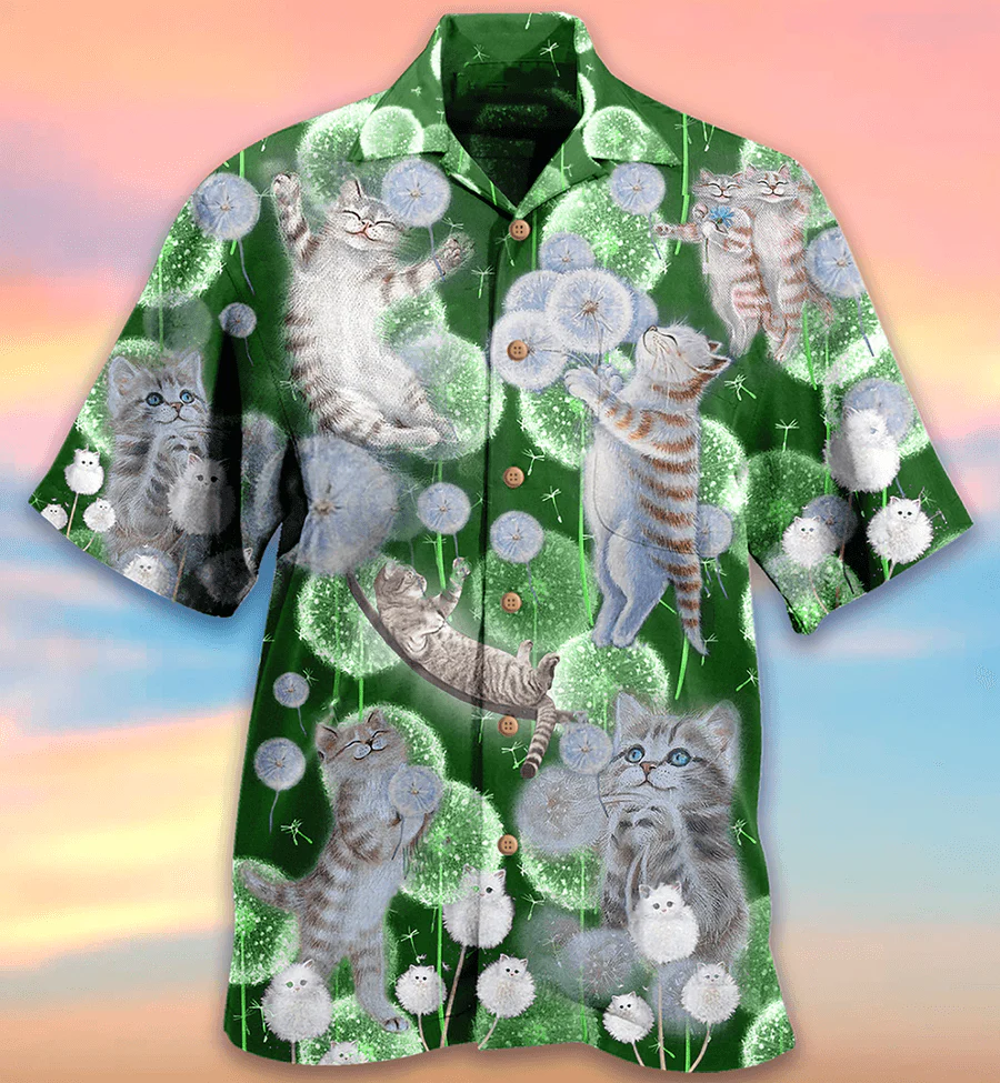 Cat Hawaiian Shirt For Summer, Cat Dandelions Happiness Love Dream Hawaiian Shirts Outfit For Men Women, Friend, Team, Cat Lovers